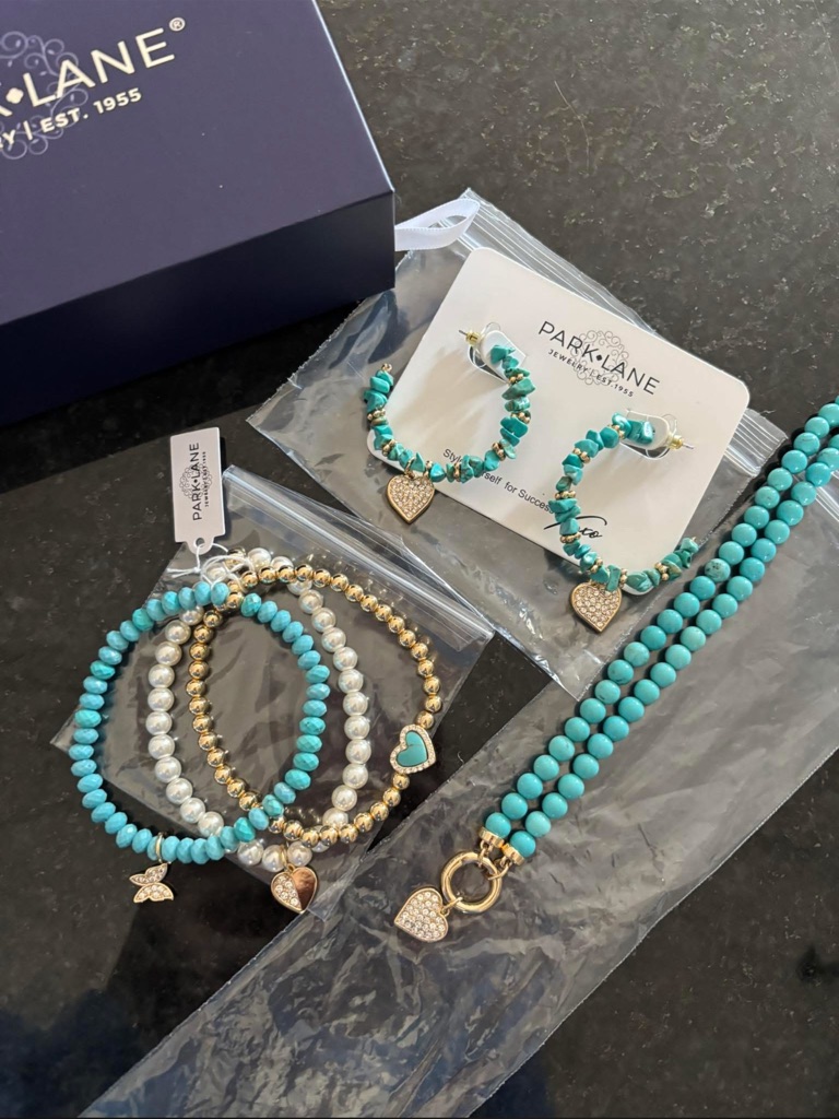 Bnib!!! Park Lane Turquoise And Gold Heart Charm Bracelet & Earring Set